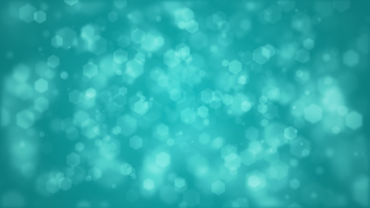Blue background with white blurred geometric shapes hexagons. Looped animation. Copy space.