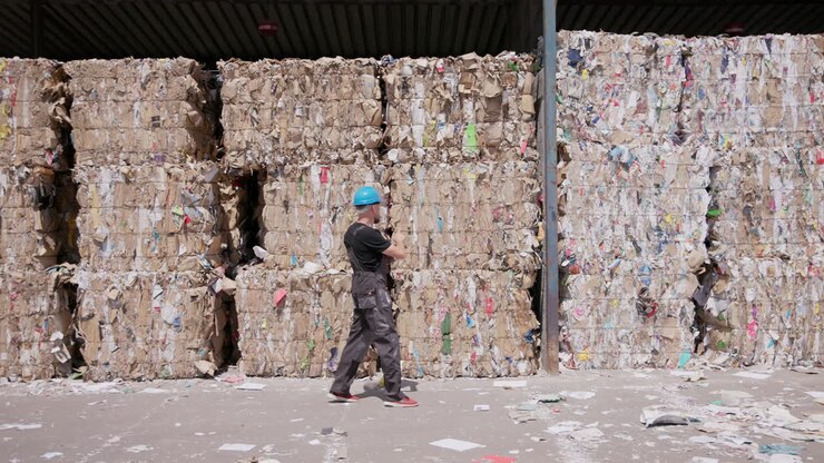 Wide tracking shot of worker counting paper bales at recycling plant