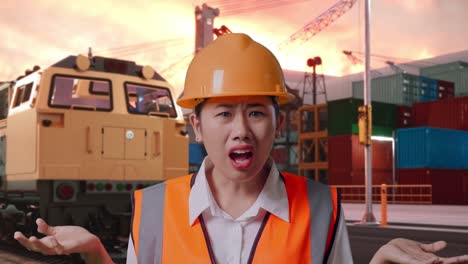 close up of wondering asian female engineer with safety helmet saying why working doubtfully with freight cargo train at port