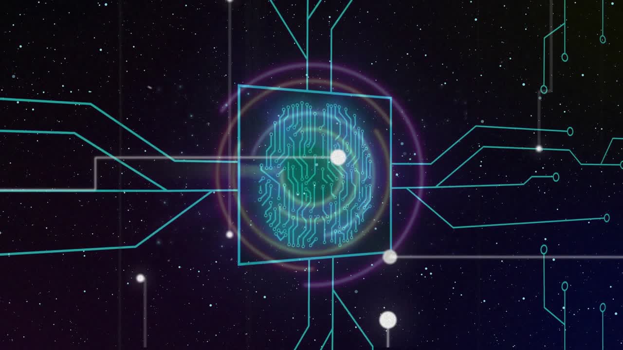 Opening neon square starting cyan circuits, sending colored pulses, visualizing fingerprint hub