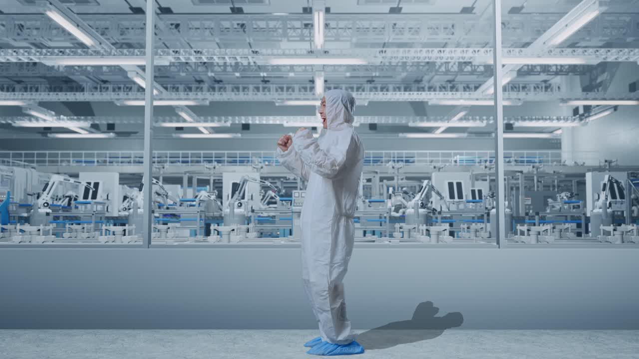 Full Body Side View Of Asian Male Scientist Celebrating The Succeed While Standing In Modern Lab Factory with Automated Robots