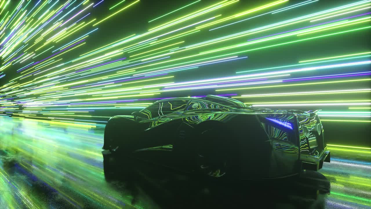 Concetto futuristico. Auto sportiva sullo sfondo di linee neon luminose. Colore blu-verde. Animazione 3D in loop continuo