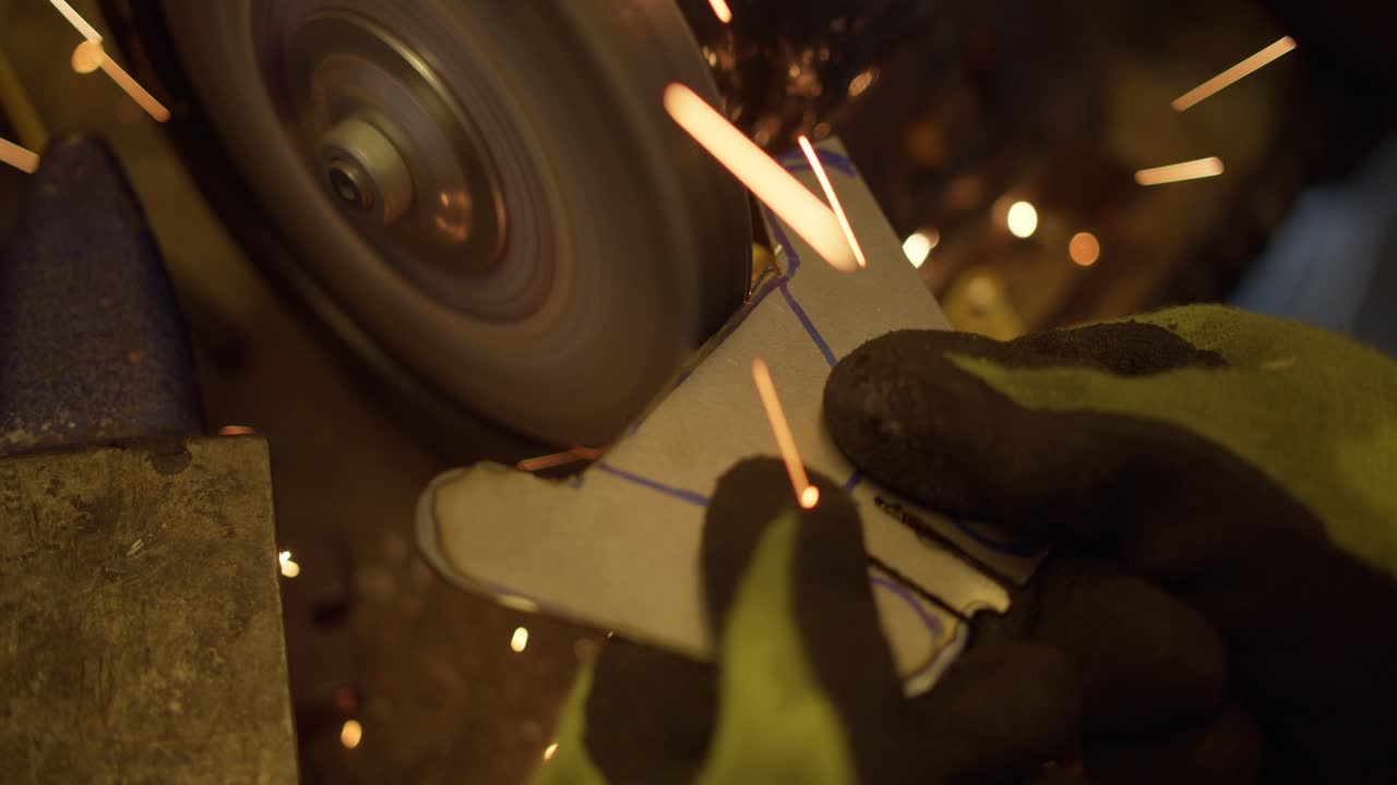 vista de arriba hacia abajo de una pieza de metal que está siendo remodelada por una amoladora de banco, lo que provoca chispas 4k