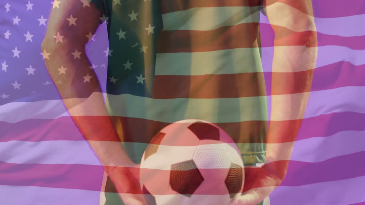 animación de un jugador de fútbol caucásico sobre la bandera de los estados unidos
