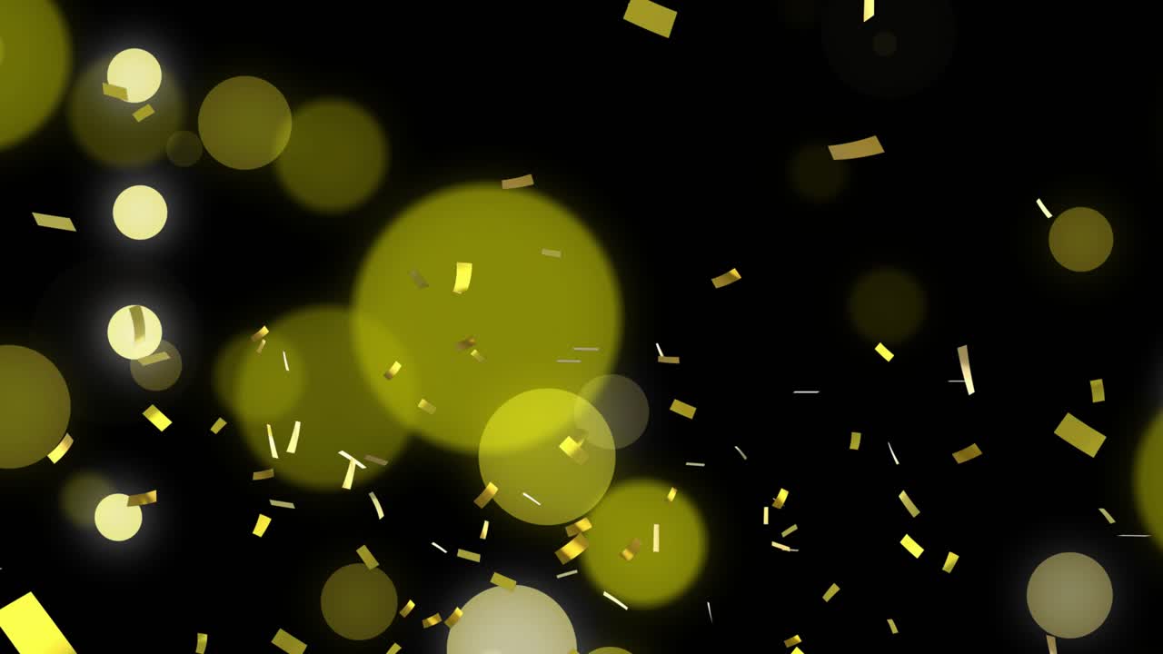 Soft glowing gold discs appearing from dark backdrop while confetti drifting for rhythmic shimmer