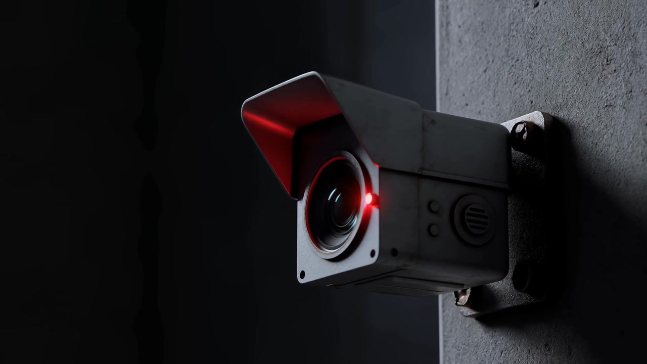 Powering CCTV camera recording corridor, showing lit red LED and bolts for surveillance, copy space