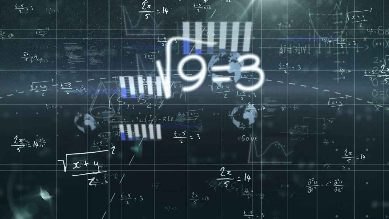 On sequence starting math globe fading, scaling, bars lifting, blue fills extending showing metrics