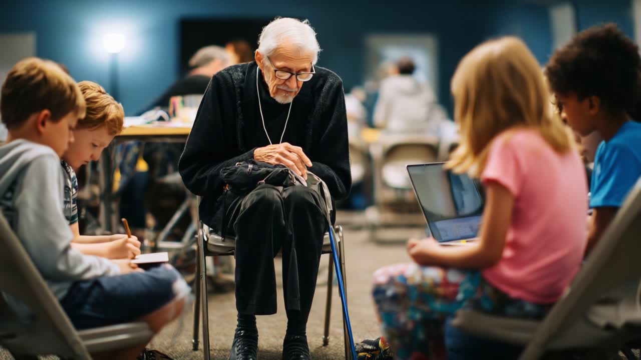 En ældre mand interagerer med en gruppe små børn i et kreativt læringsmiljø og fremmer samhørighed gennem fælles oplevelser og kollaborative historiefortællingsaktiviteter