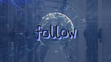 animation of lines out of globe, numbers and programming language over server room