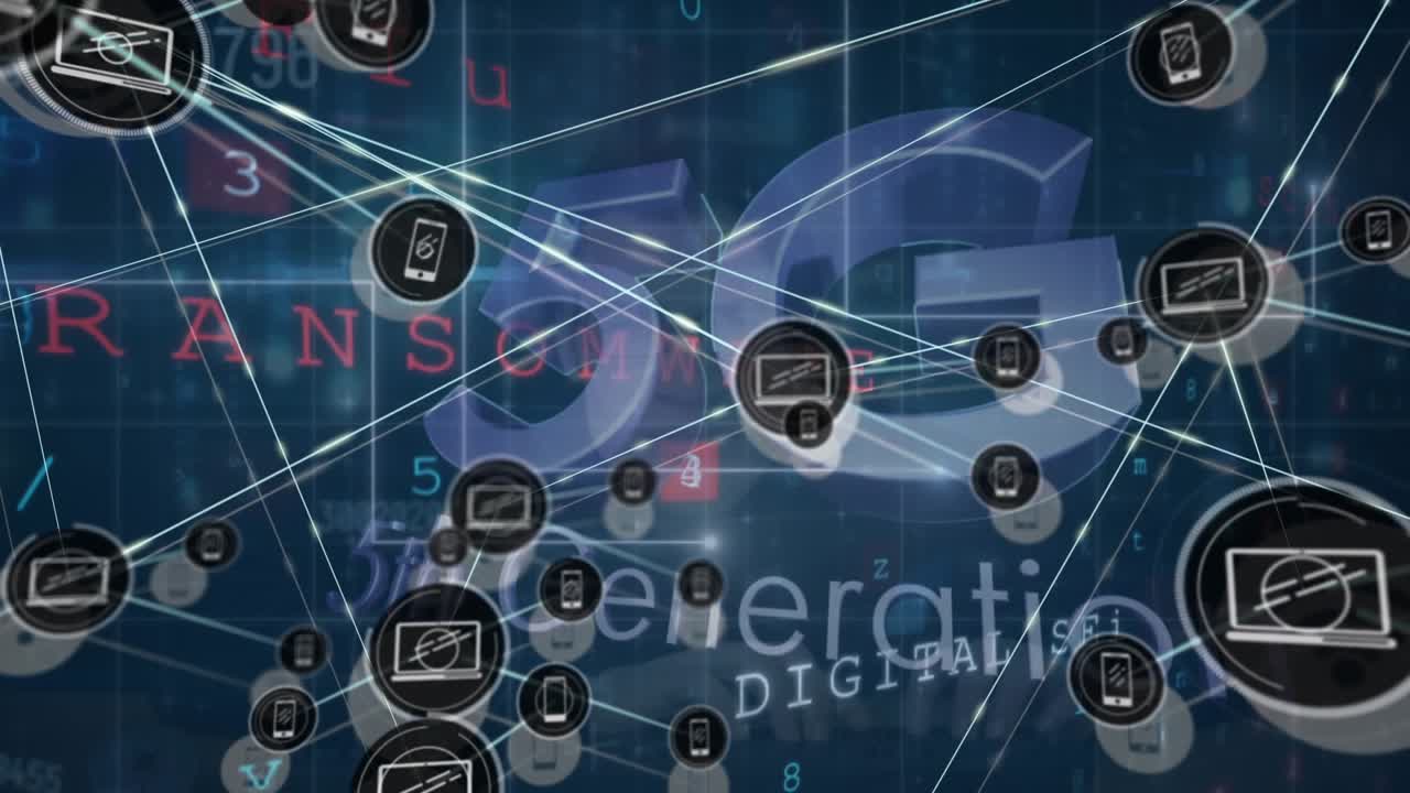 Animazione di una rete di connessioni e testo 5G su elaborazione dati