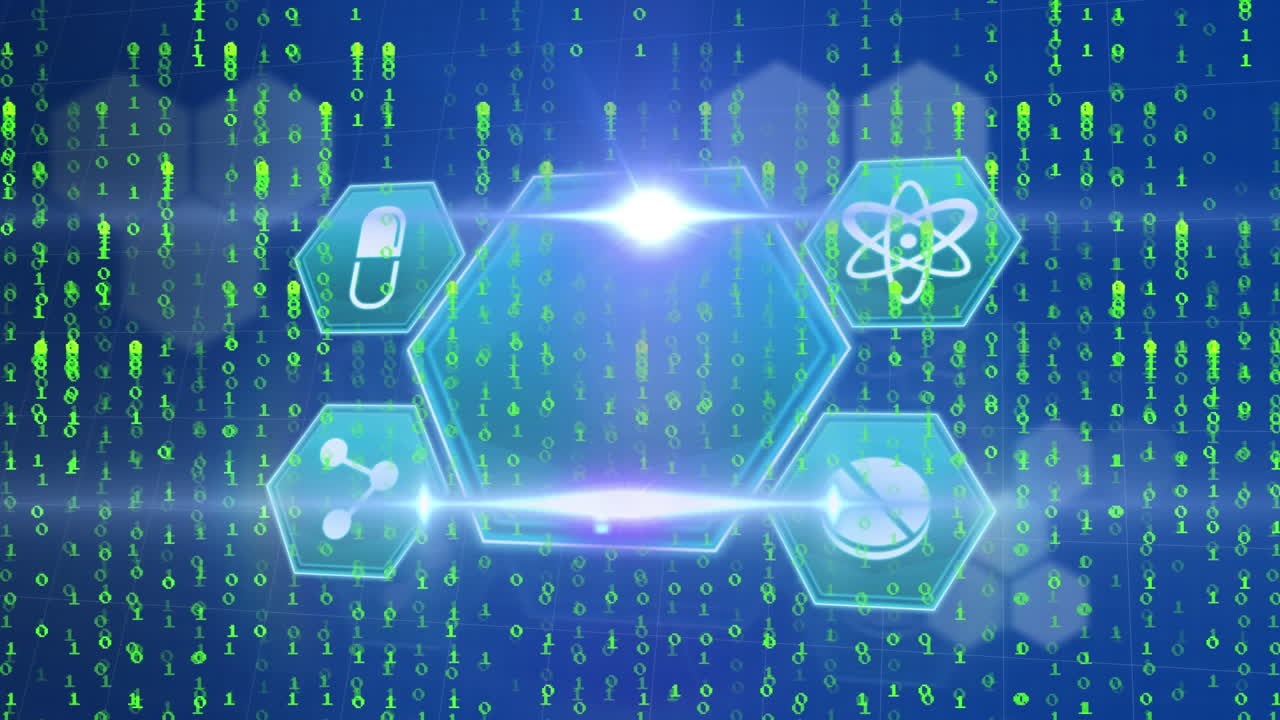 파란색 배경에 떨어지는 이진 코드에 대한 렌즈 플레어 위의 육각형의 아이콘의 애니메이션