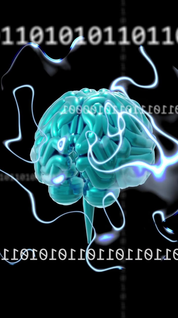 Animation of ai text, brain and binary coding data processing over dark background