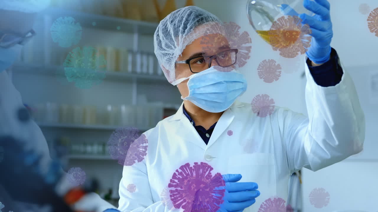 Animation of macro Covid-19 cells floating over scientists working in a laboratory