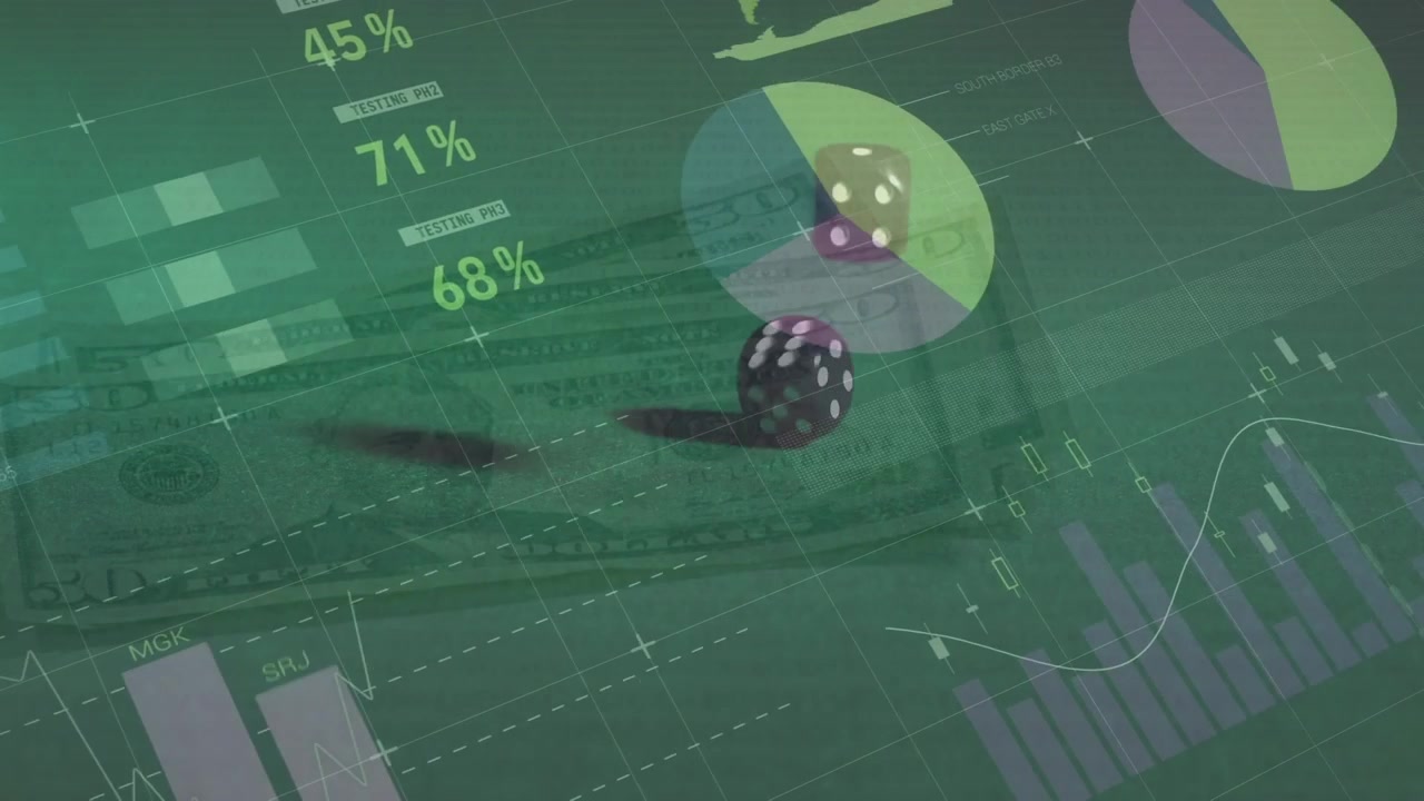 Terninger ruller over finansielle data og en amerikansk dollar-seddel