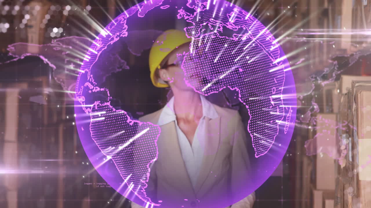 In office, businesswoman using animation of digital globe with data connections