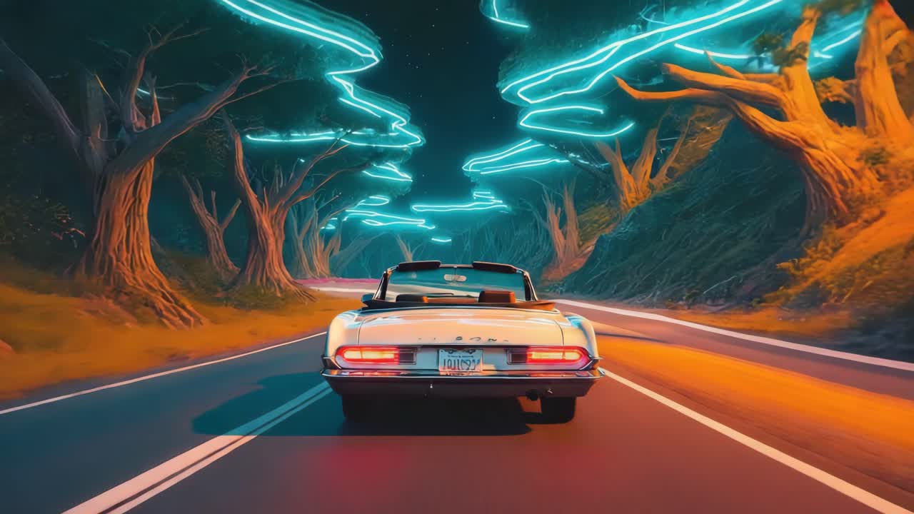 Night Drive Through a Surreal Forest with Glowing Trees