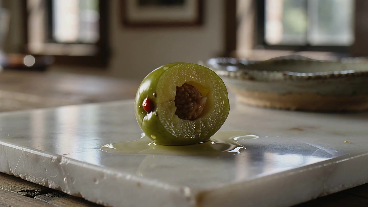 Oliva verde che ruota mostrando la polpa rimossa dopo un morso su un piano di marmo vicino alla finestra, con pimento e olio