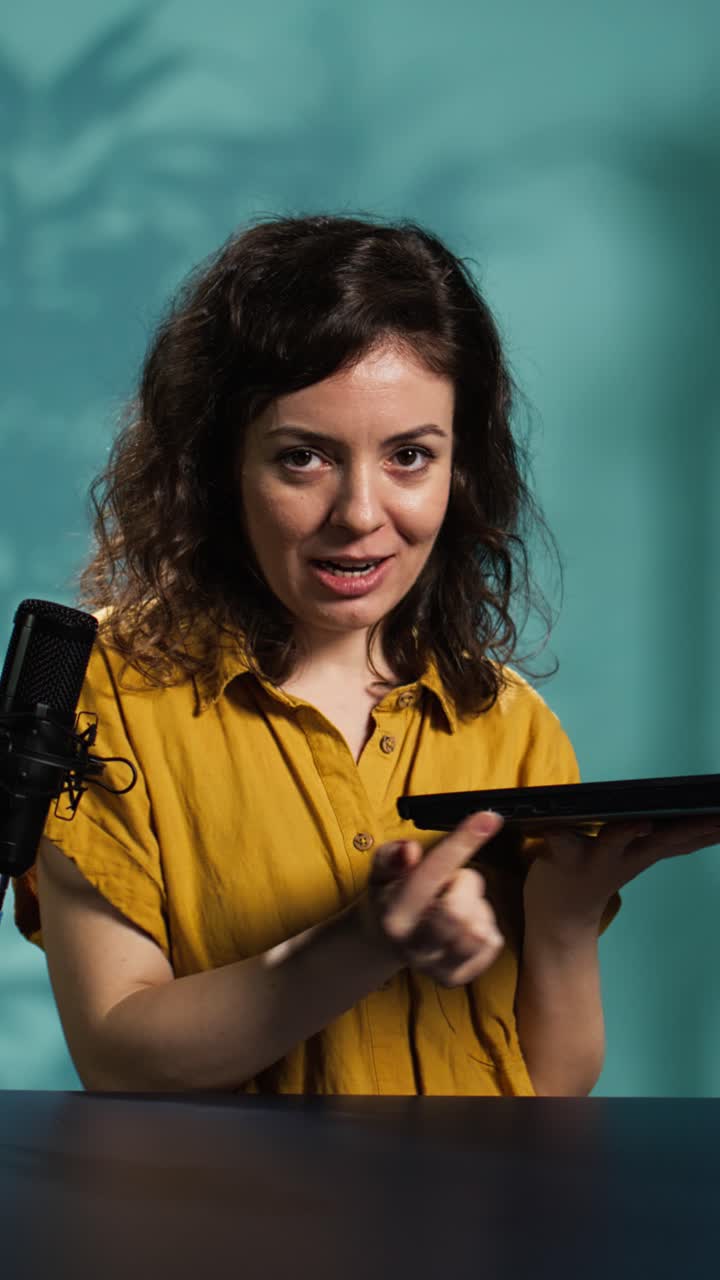 Donna che presenta e recensisce un laptop in un ambiente da studio