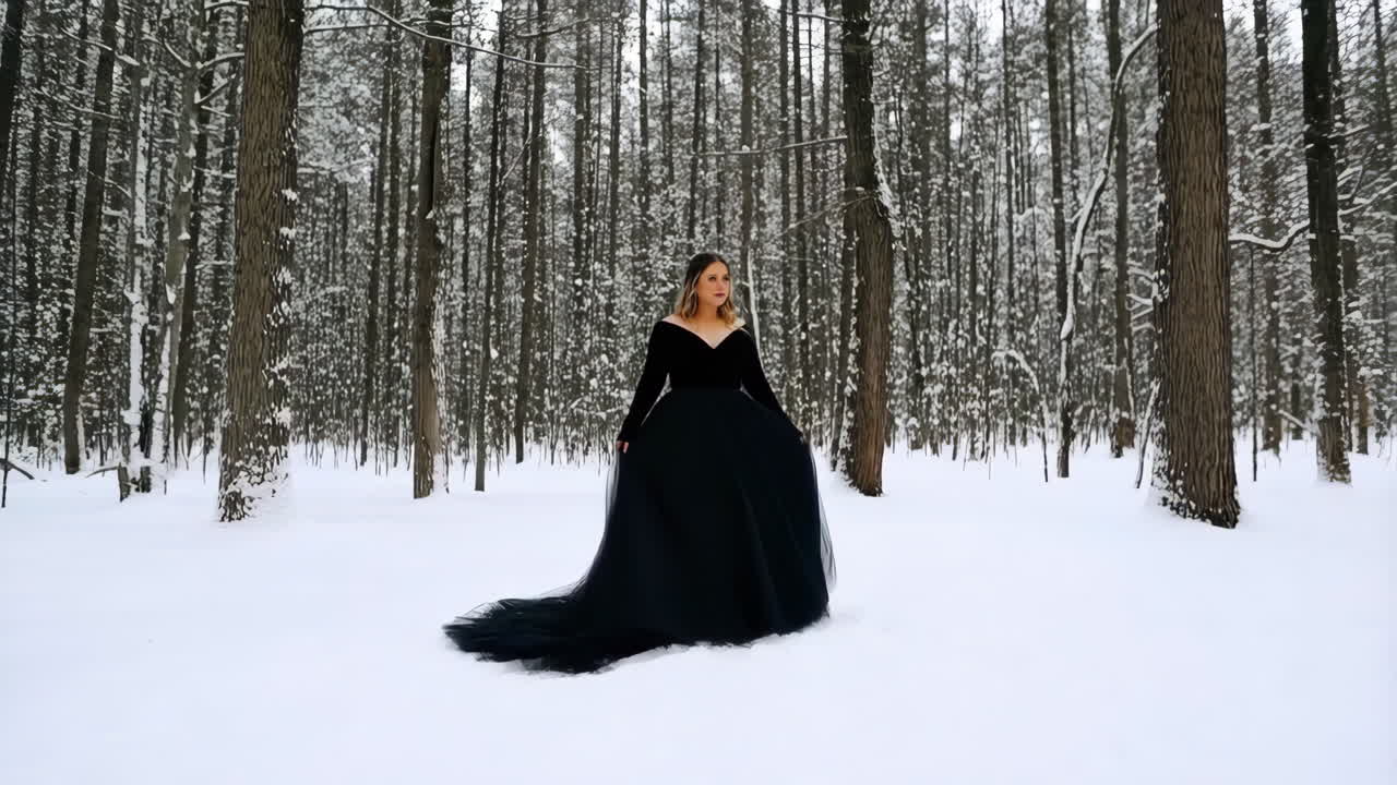 Woman in Elegant Black Gown in a Snowy Winter Forest