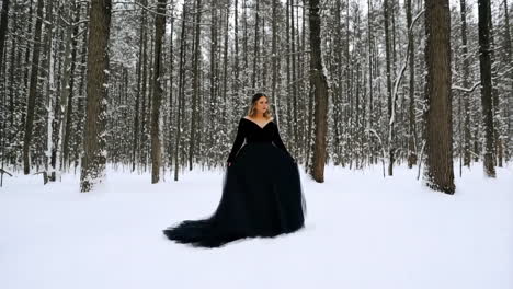 woman in elegant black gown in a snowy winter forest