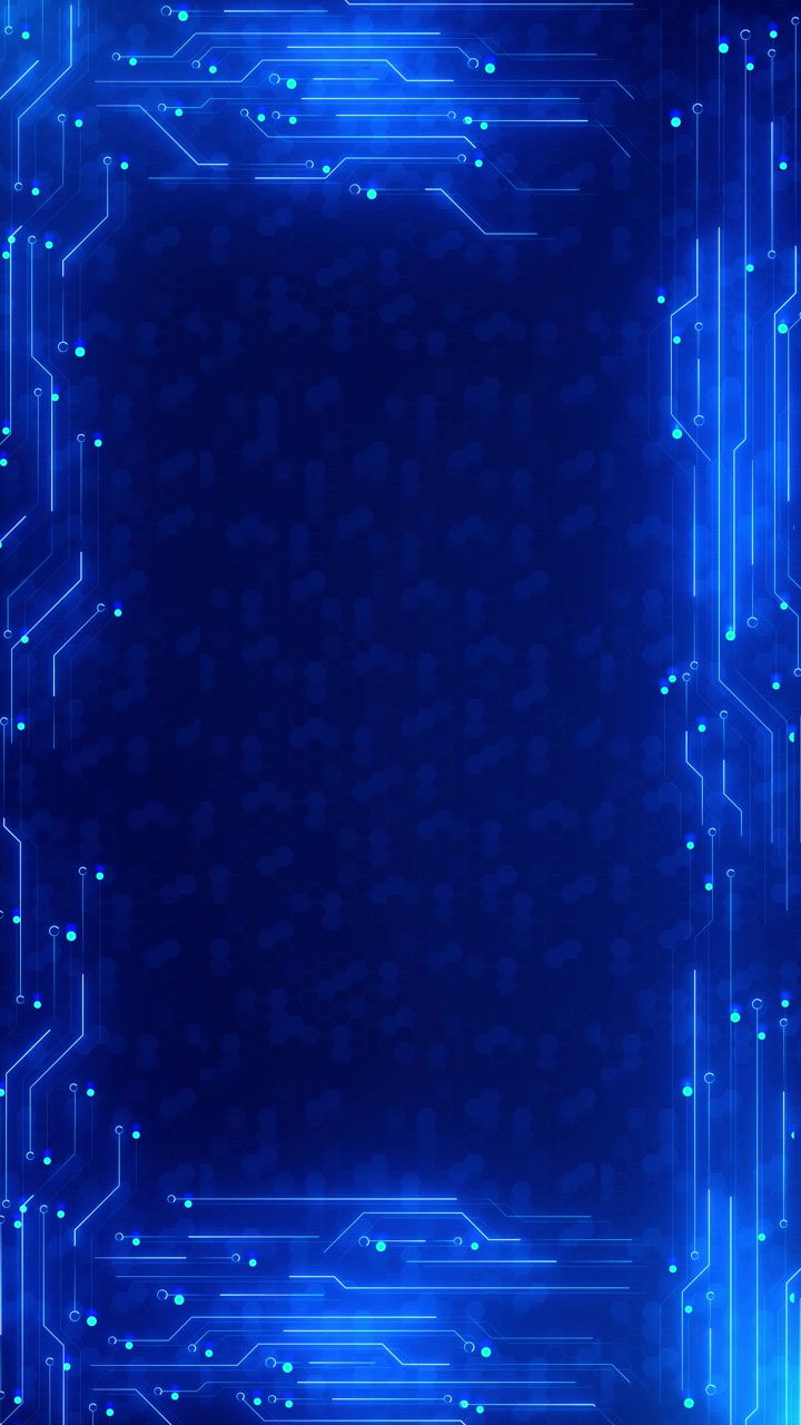 Blue circuit technology frame background with glowing lines dot nodes hexagon pattern and empty dark
