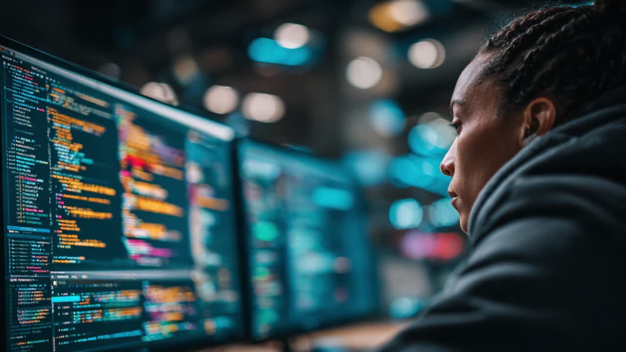 A focused programmer engages with code on dual monitors, immersed in the colorful world of software development and problem-solving, surrounded by a modern tech environment