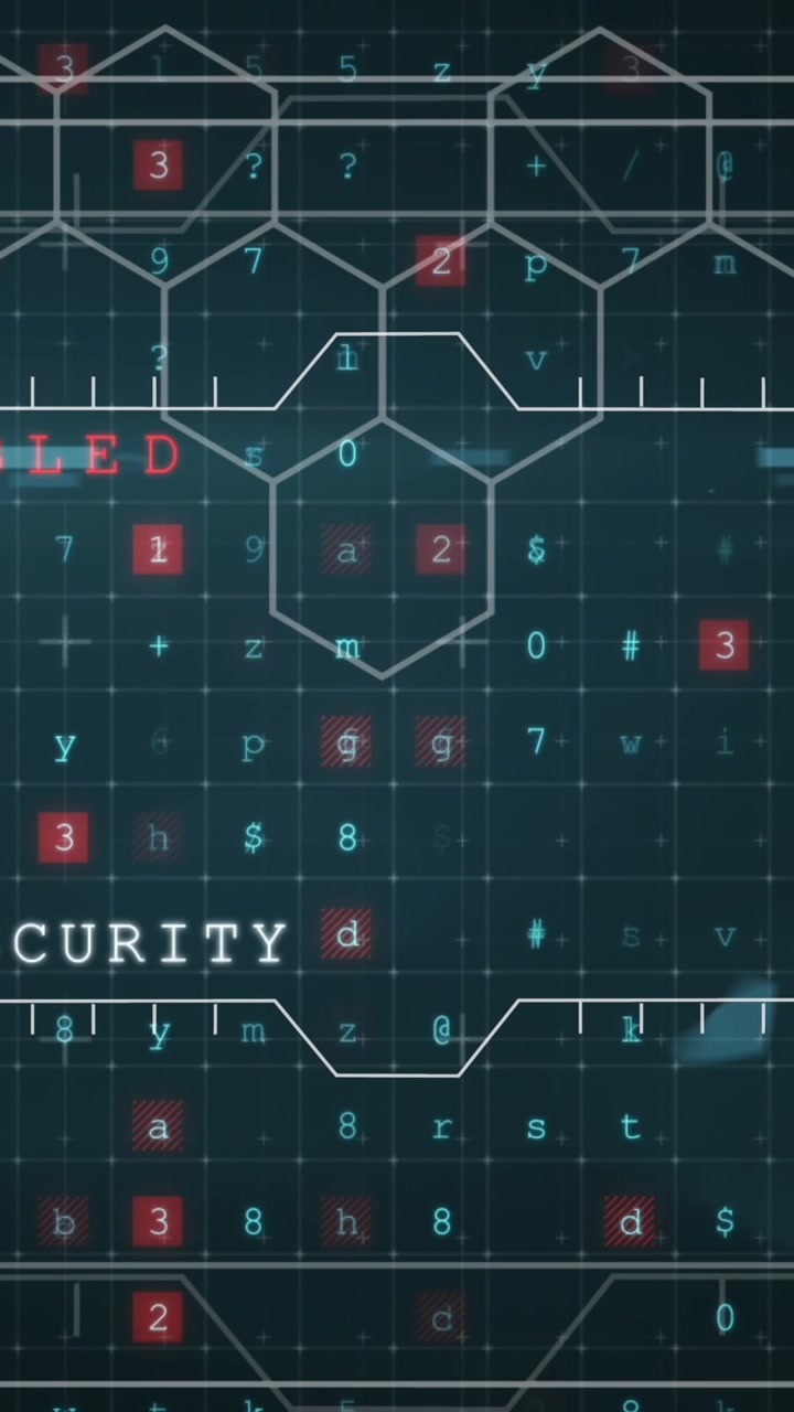 Animation of security warning and data processing with network of screens on blue background