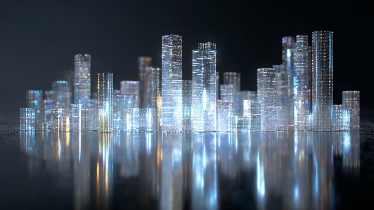 A Stunning Urban Skyline Render Featuring Glittering Glass Structures and Vibrant Reflections-on-the-Water, Capturing the Essence of Modern Architecture and Futuristic Design in an Enchanting Cityscape