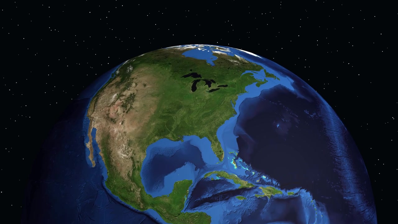 Globo animato che, dallo spazio, si ingrandisce sull'America del Nord, individuando Kansas City con una sovrapposizione di dati.