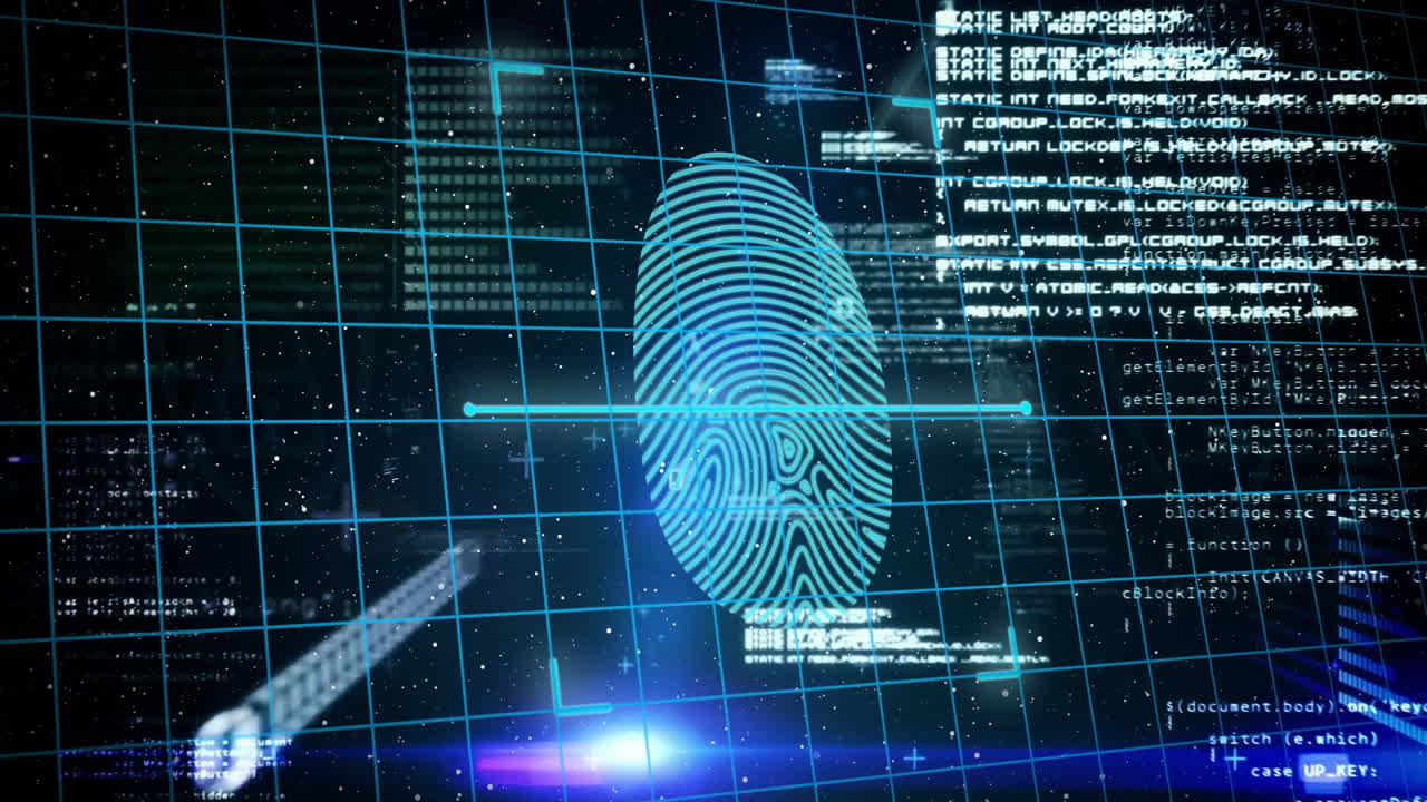 Fingerprint scanning with cybersecurity animation over digital data and code background