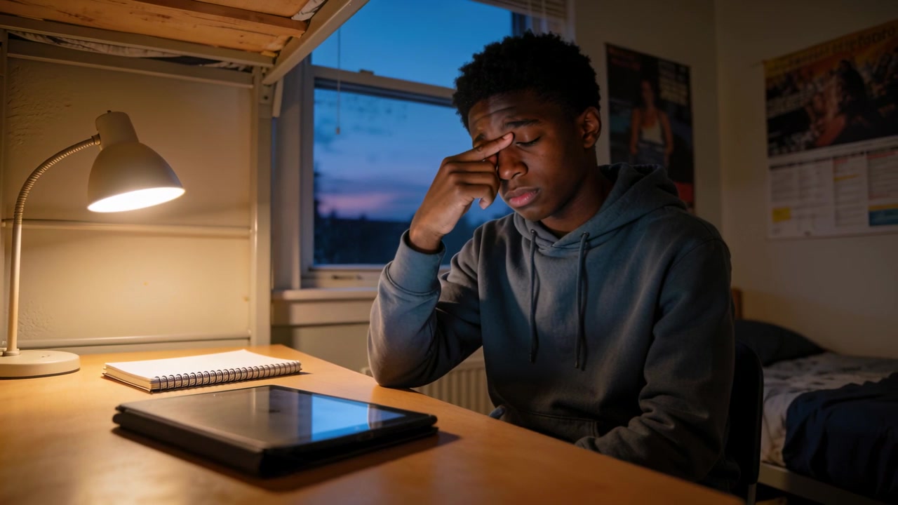 Rubbing teenager in gray hoodie pinching nose after studying at bedroom desk dusk, with lamp tablet