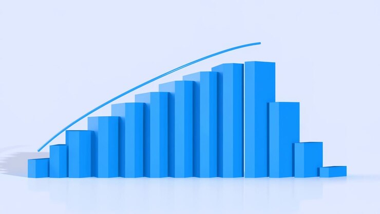 D Blue Bar Chart Showing Growth, Successive Columns Rising Beneath Curved Arrow, Reflective Studio Surface,