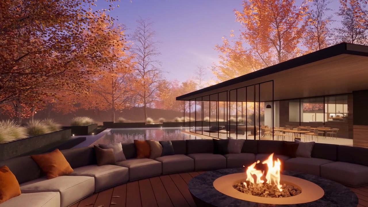Modern Outdoor Patio with Fire Pit and Swimming Pool at Sunset