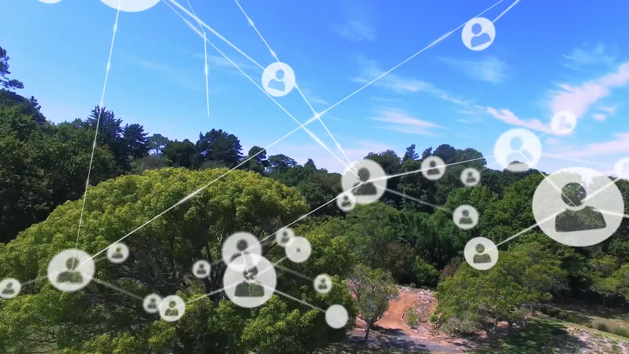 animación de redes de conexiones con iconos sobre el paisaje