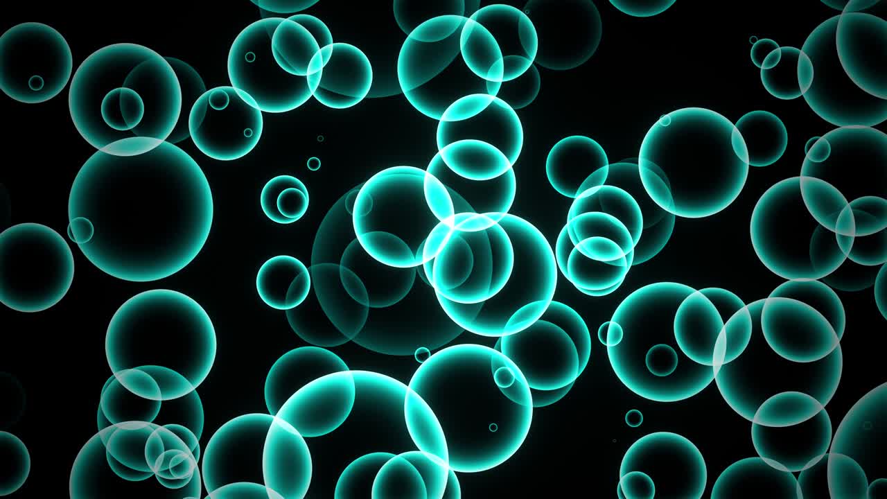 hermosas burbujas azules de neón flotando en el fondo de movimiento de bucle sin costuras. burbujas azul sobre fondo negro se pueden usar como superposición o títulos de movimiento bucle de fondo cinematográfico.