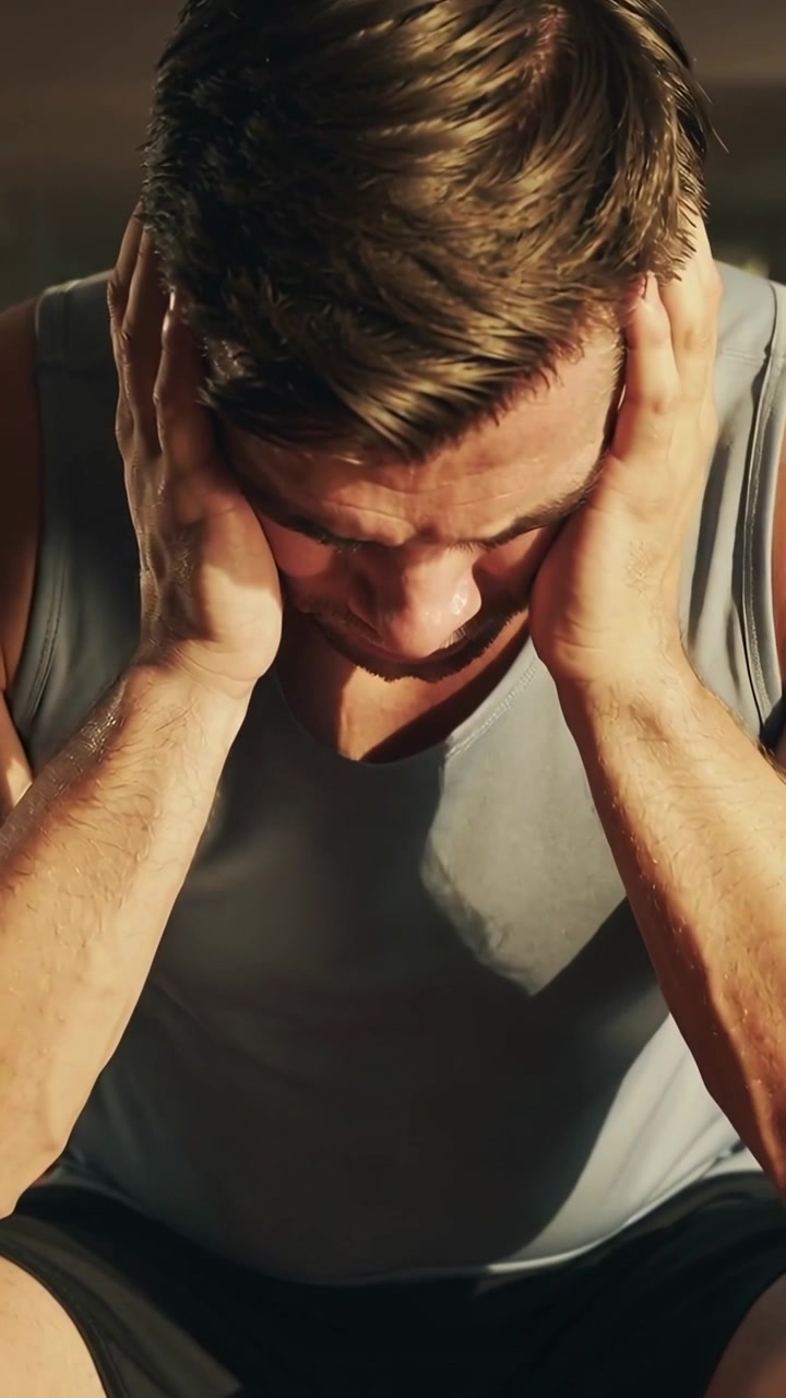 Vertical video: Cupping head, adult male leaning after workout in dim room, tank top, bench visible