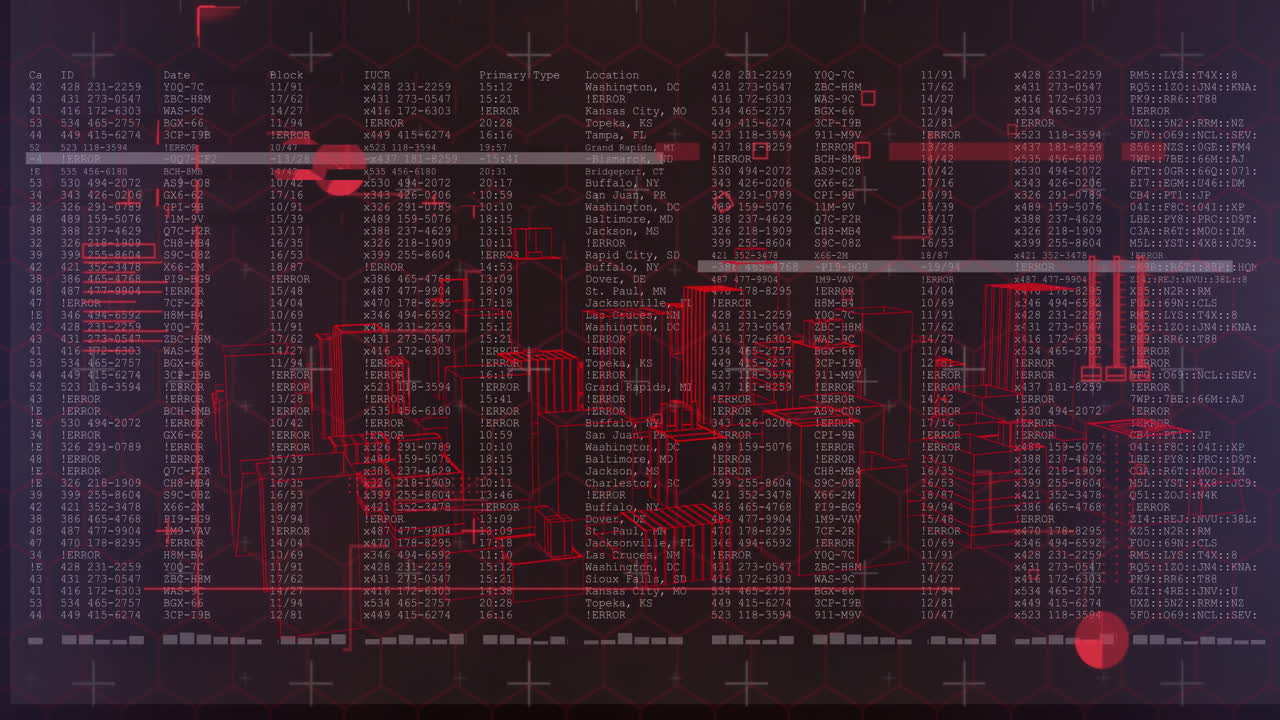 Digital data and code processing animation with red geometric patterns