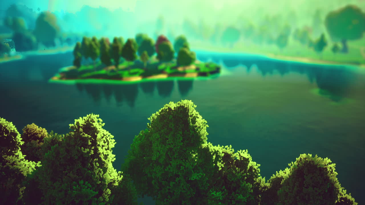 Serene nature with lush greenery and water reflecting sunlight