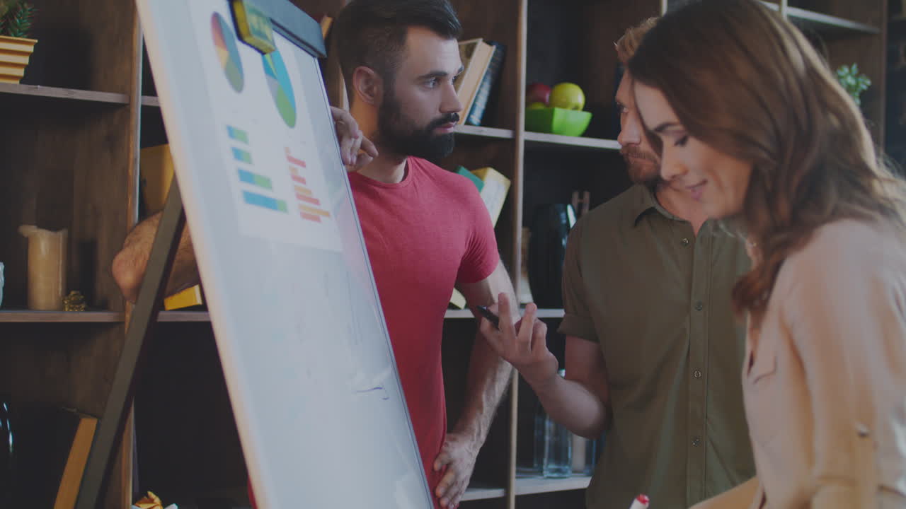 equipo de ventas planea estrategia de marketing en la pizarra blanca. empleados de oficina trabajando