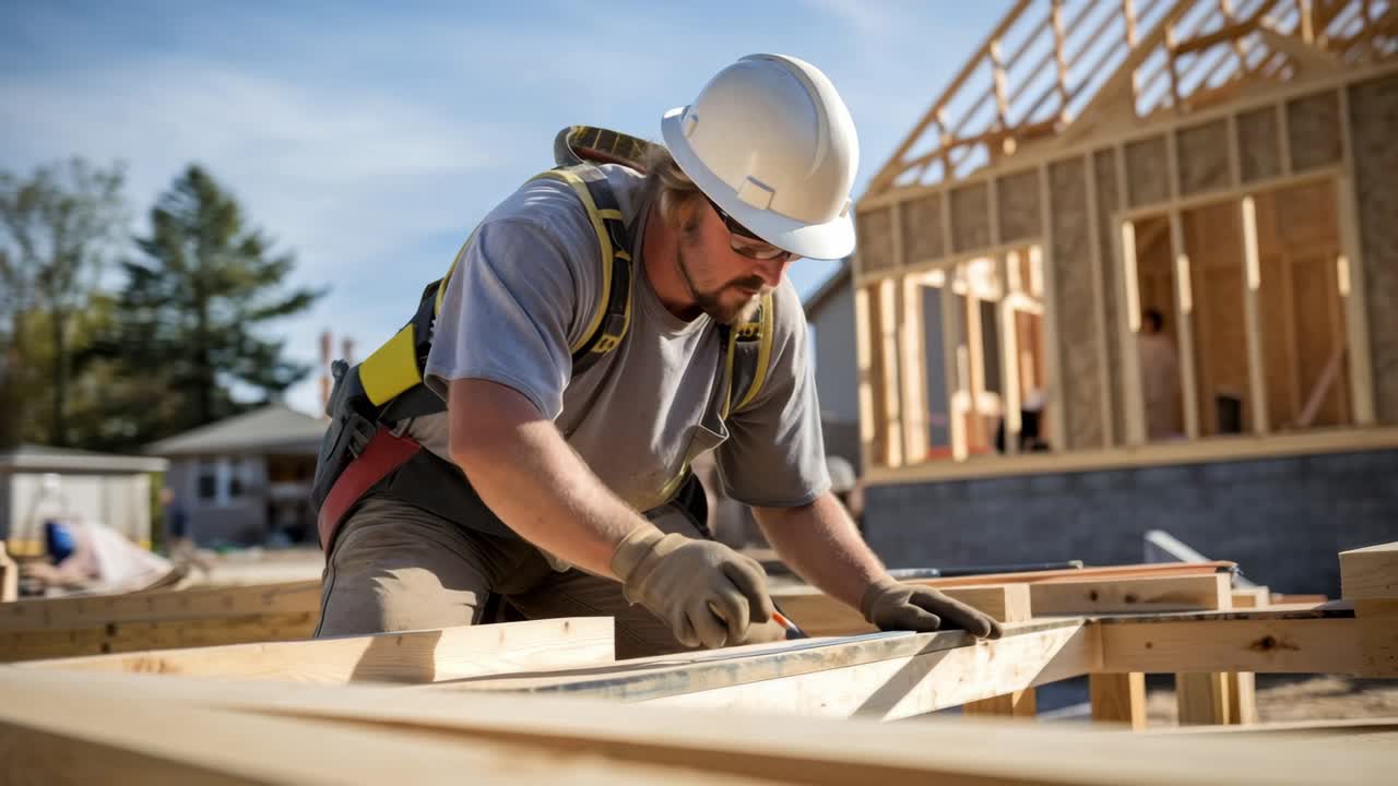 A construction worker measures wood on-site, wearing safety gear