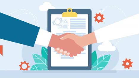 concluding an agreement. handshake as a sign of support, cooperation, consent. diplomacy as a solution to the conflict. signing the contract. man and women shake hands. 2d flat business animation