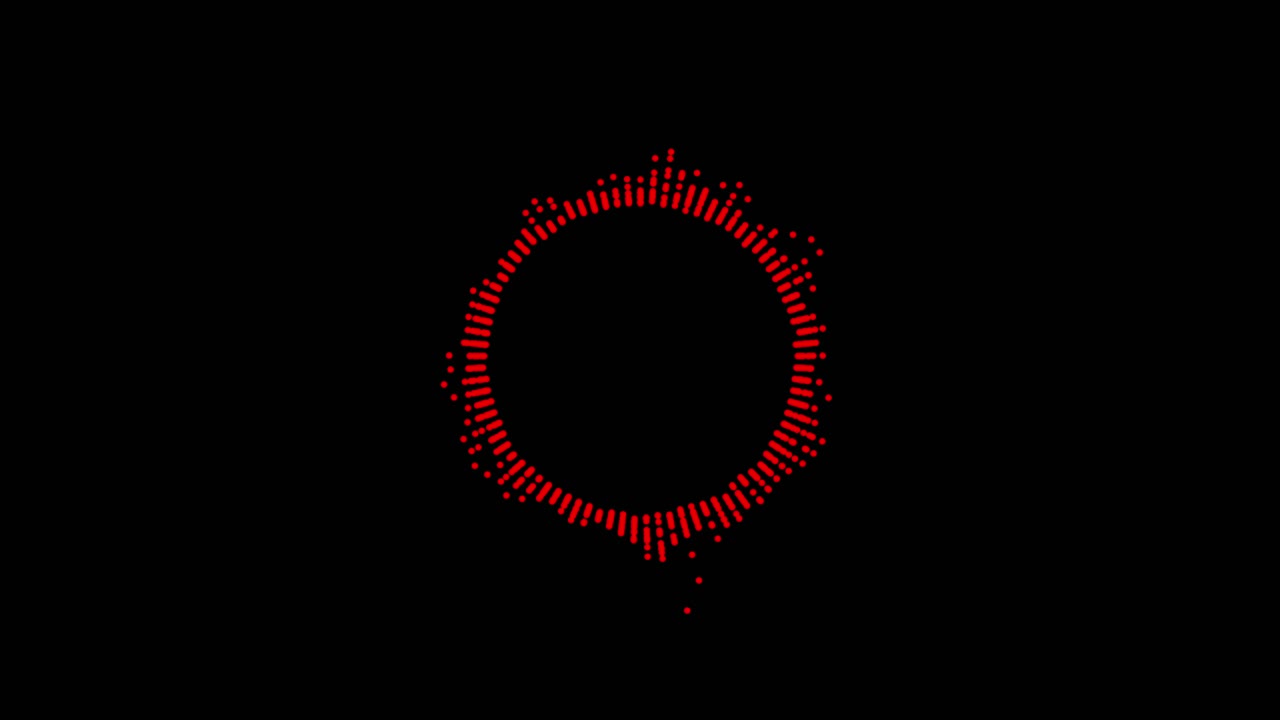 Red particles form a circle that reacts and pulses like an audio waveform or equalizer, music visualizer or tech interface element