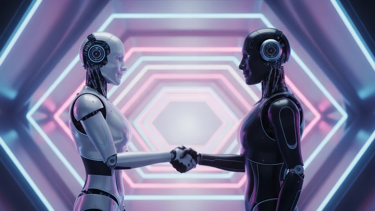 Two humanoid robots engaging in a handshake, symbolizing collaboration and partnership in a futuristic, neon-lit environment, representing the merging of technology and communication.