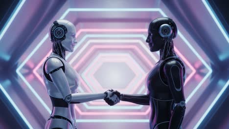 two humanoid robots engaging in a handshake, symbolizing collaboration and partnership in a futuristic, neon-lit environment, representing the merging of technology and communication.