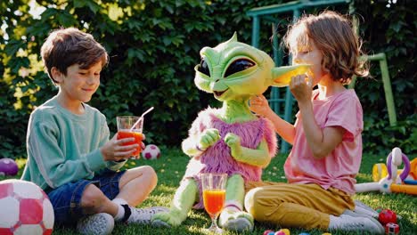 kids enjoying a summer picnic with an alien friend