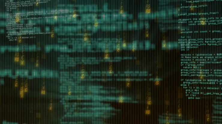 On playback starting green code stream scrolling while amber glyphs drifting to visualize data flow