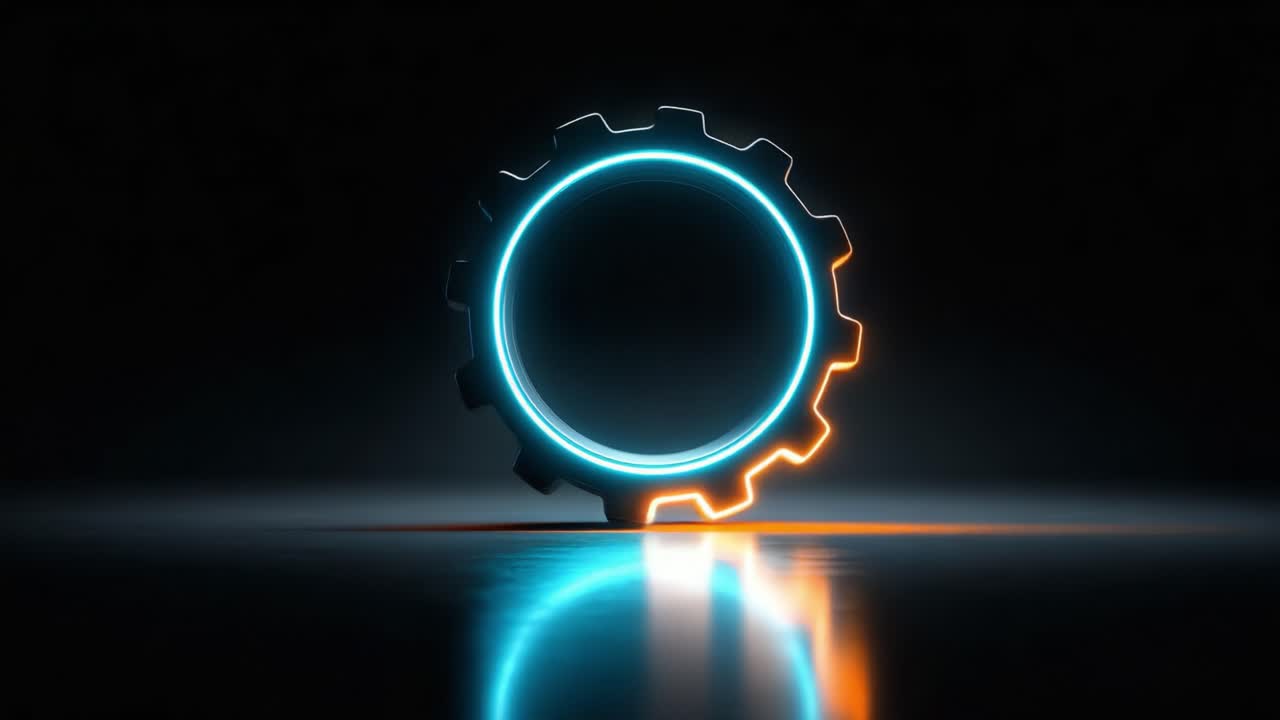 Illuminated Gear in Dark Environment: A Glimpse into Mechanics and Technology with Blue and Orange Light Effects Reflecting on Smooth Surface