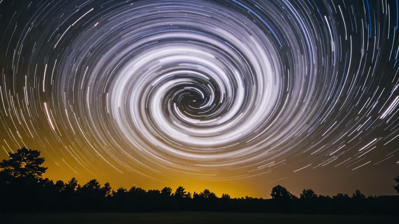 Mesmerizing Spiral of Star Trails: A Stunning Display of Celestial Motion Captured in Timelapse Photography, Showcasing a Beautiful Night Sky Phenomenon