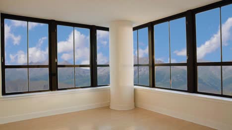 view from window on mountain landscape and blue sky with white clouds