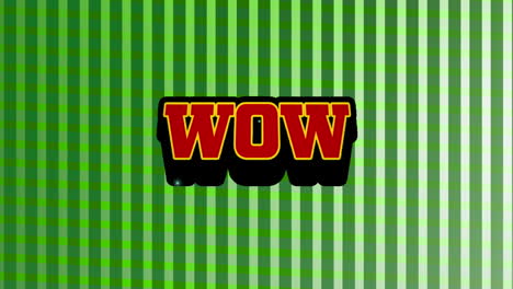 Animation of wow text over a retro speech bubble against green striped background
